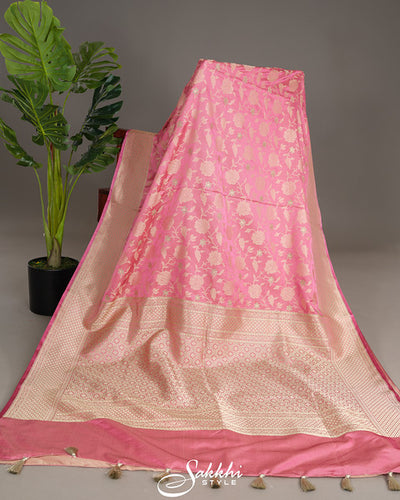 Powder pink banarasi mashru saree with blouse