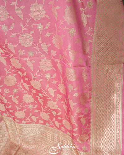 Powder pink banarasi mashru saree with blouse