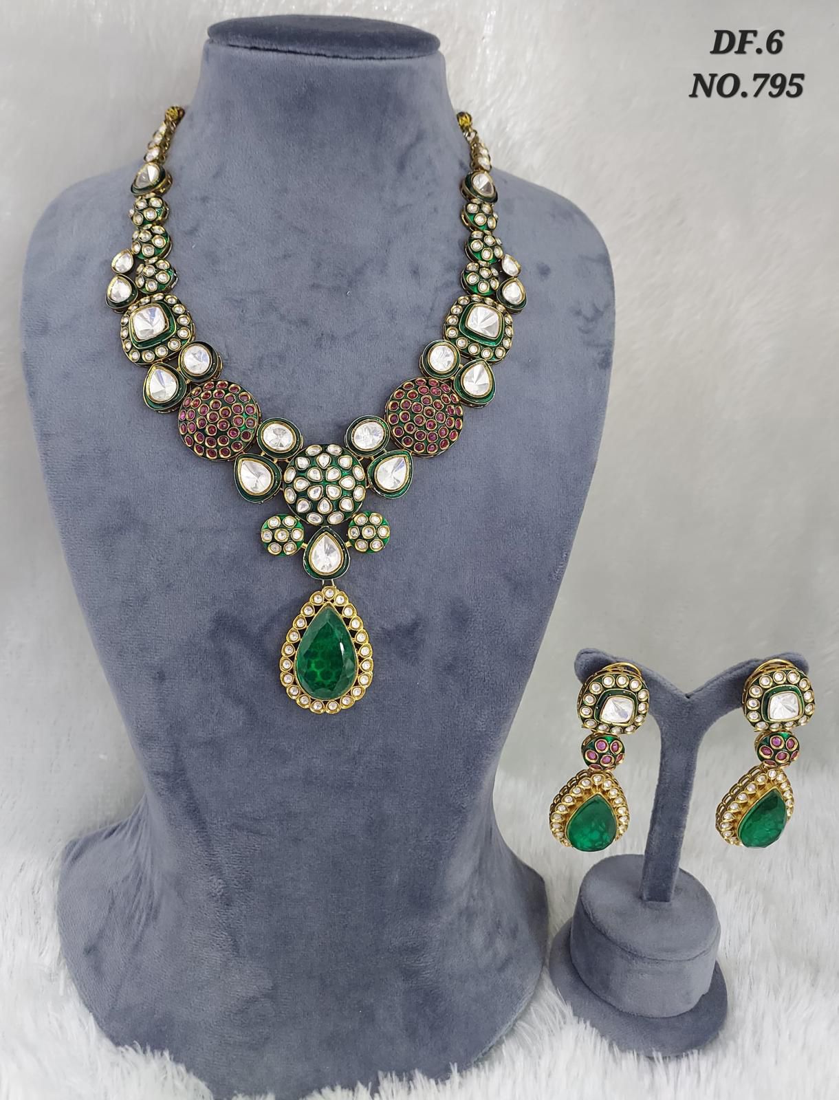 Polki and gemstone necklace and earrings