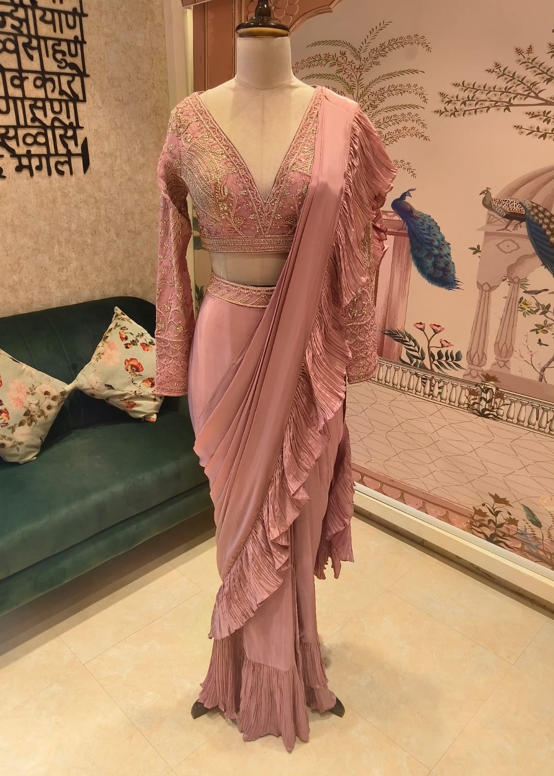 Powder pink pre draped saree and blouse