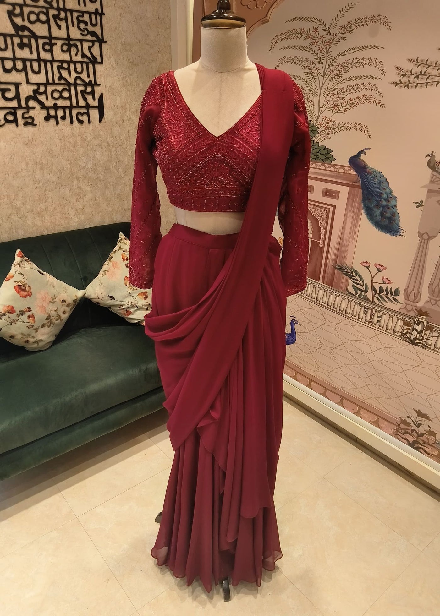 Ruby red pre draped saree and blouse