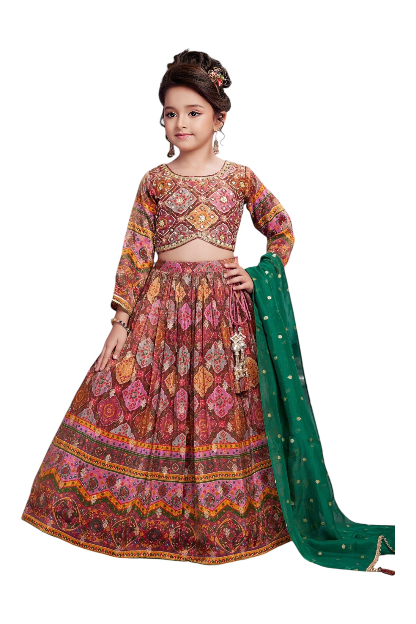 Printed maroon kidswear lehenga