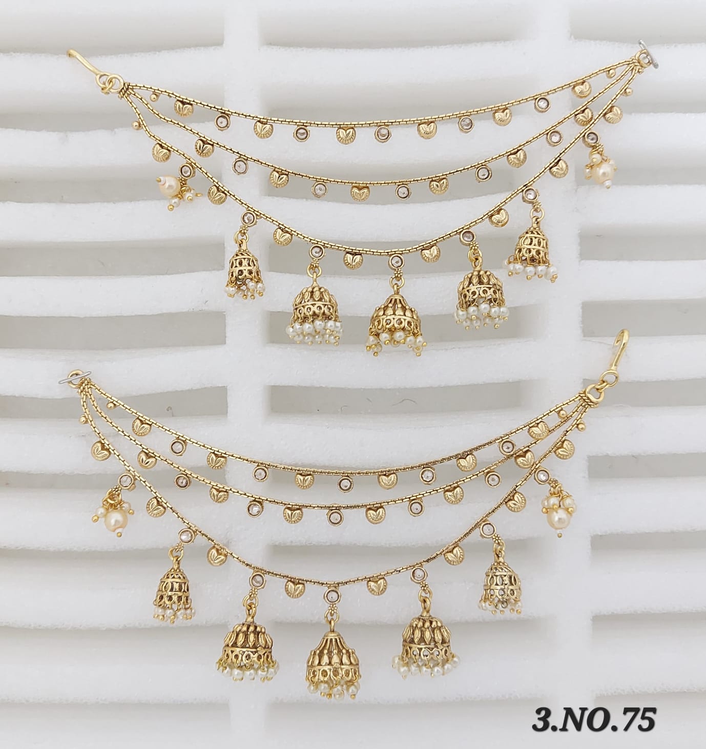 Gold plated triple layered Kundan ear chain