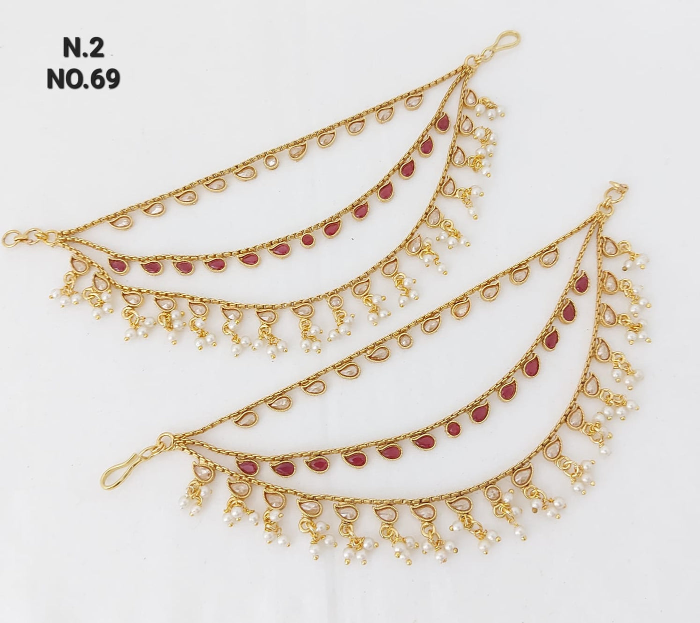 Gold plated triple layer Kundan ear chain