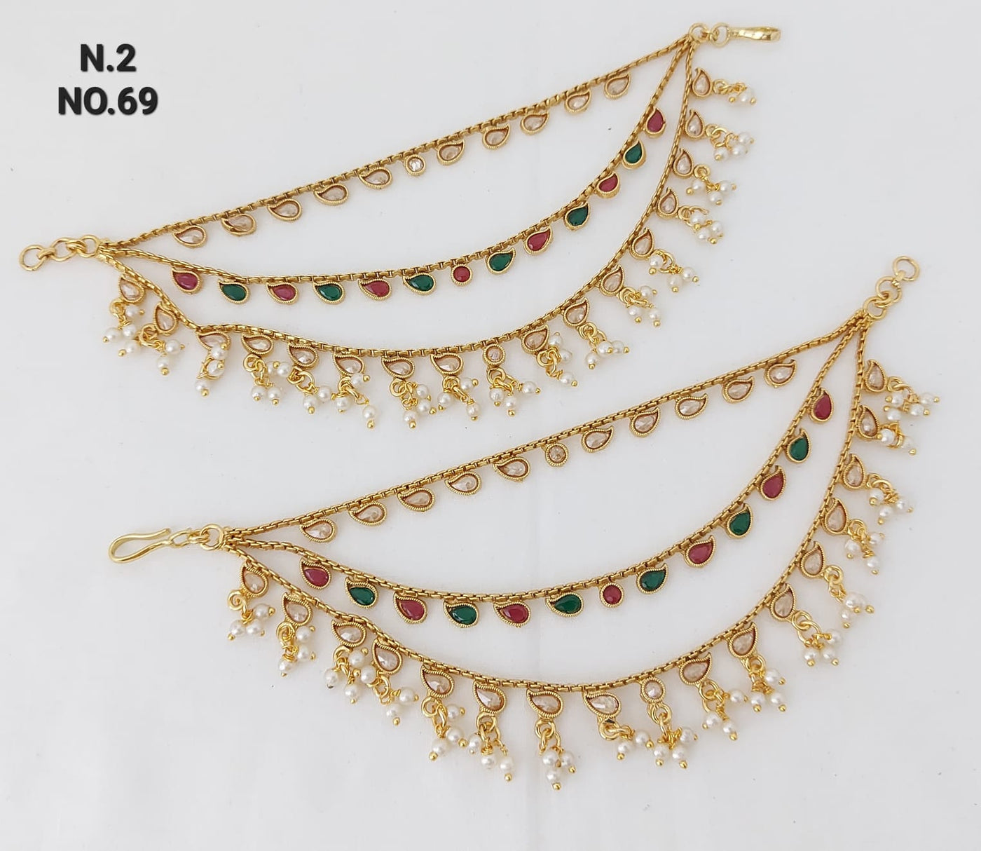 Gold plated triple layer Kundan ear chain