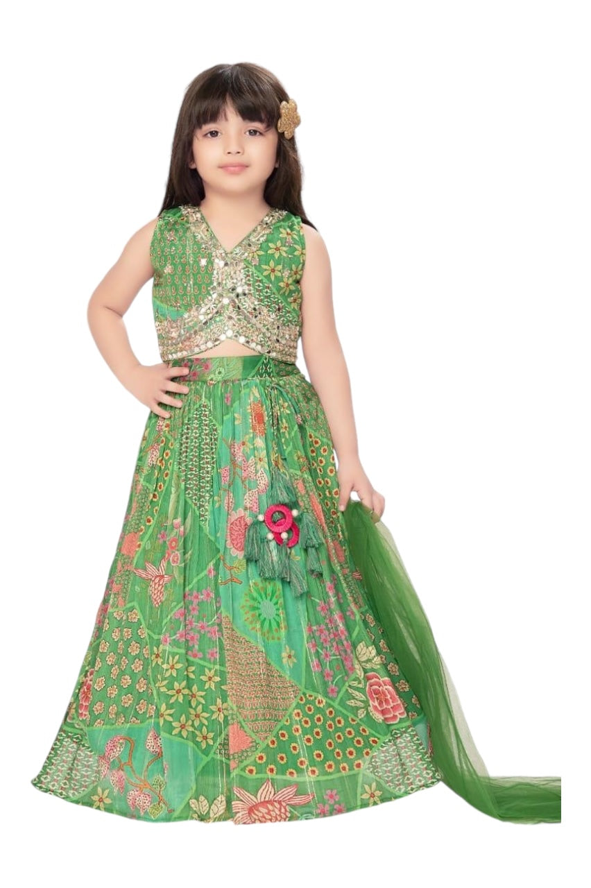 Fresh green printed kidswear lehenga set