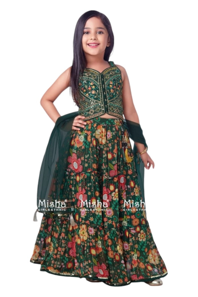 Printed kidswear forest green lehenga set