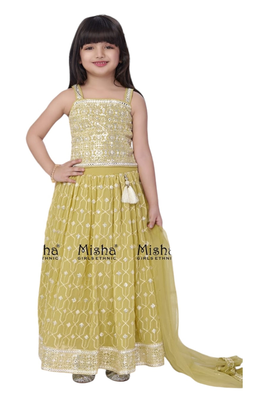 Embroidered pastel yellow kidswear lehenga set