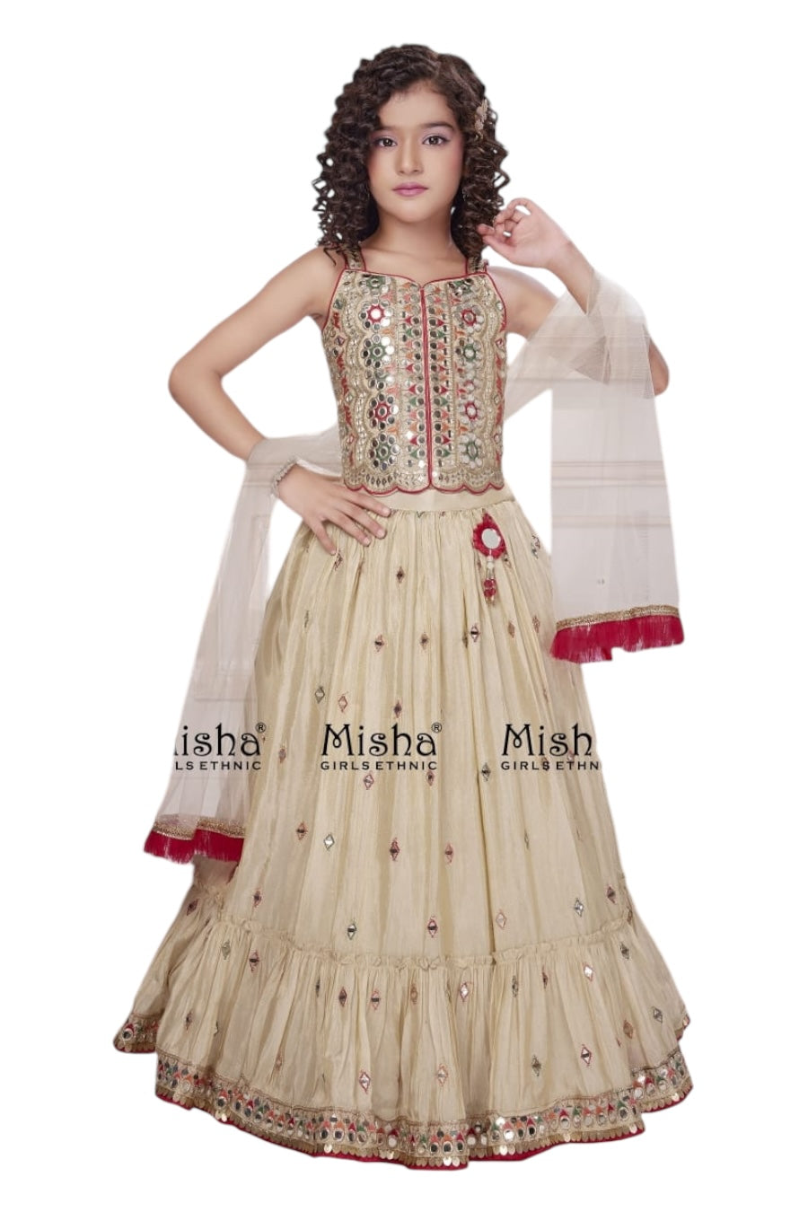 Mirror embroidered off white kids lehenga set