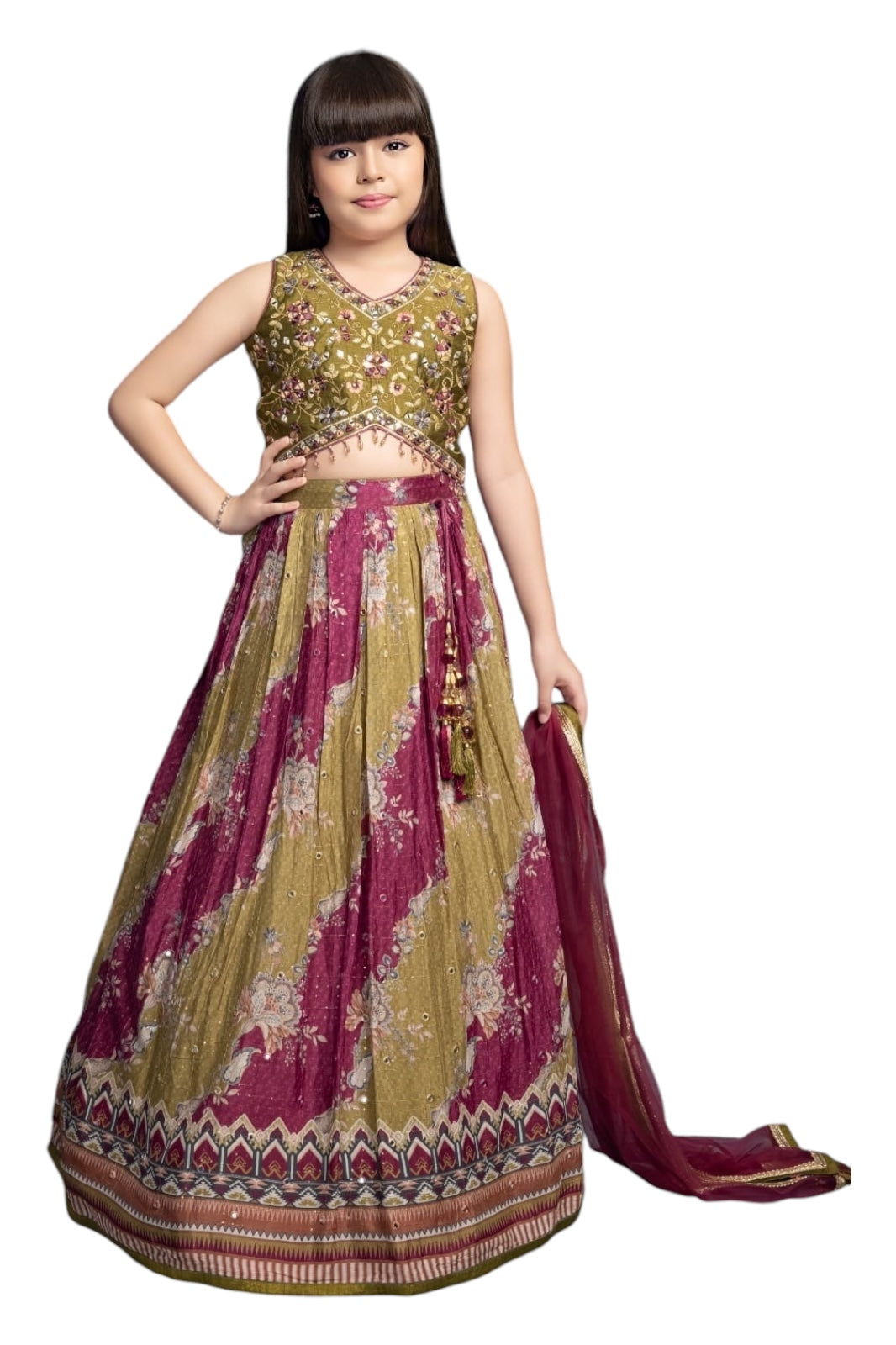 Printed and embroidered earthy yellow lehenga set