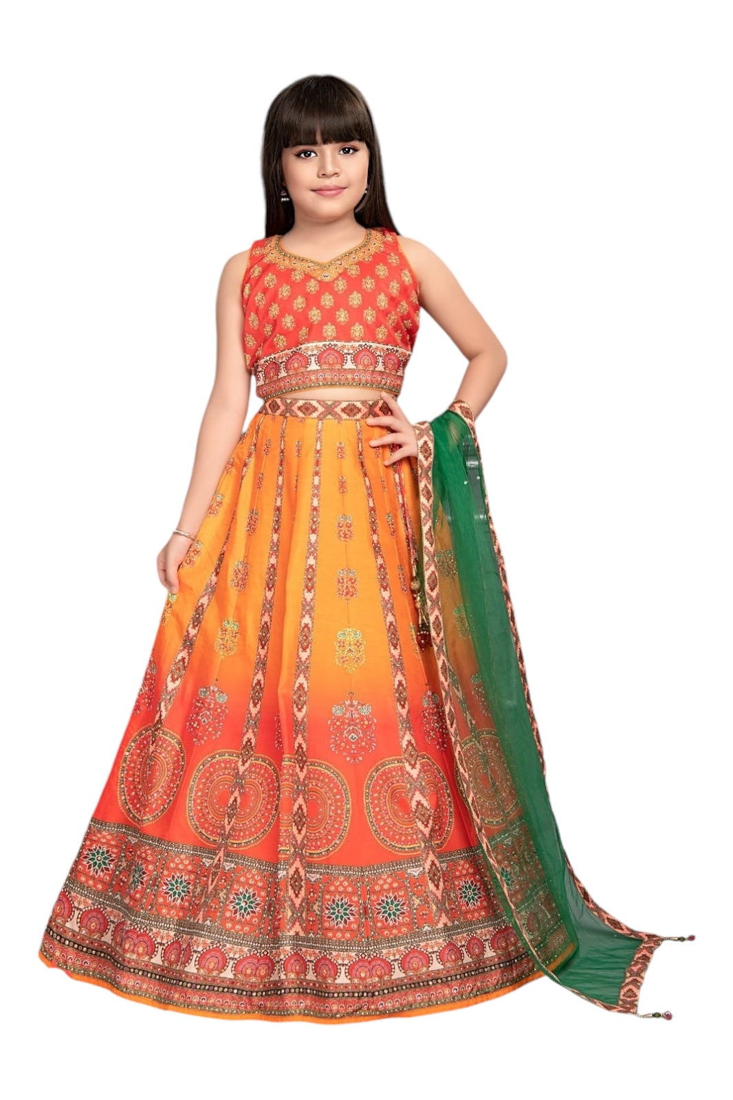 Printed orange and yellow kidswear lehenga set