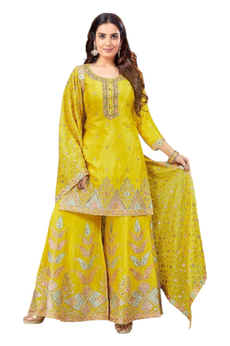 Lemon yellow embroidered sharara set