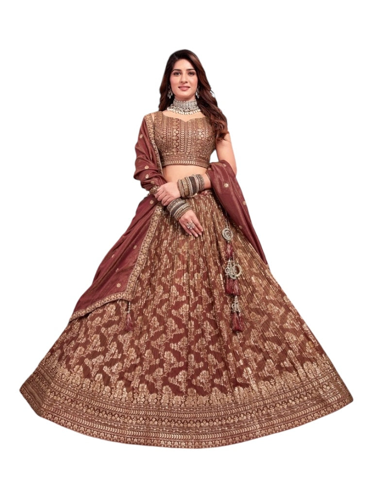 Brown zari woven lehenga set