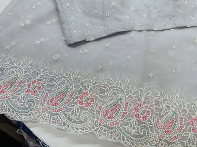 Powder grey embroidered Organza saree with stitched blouse