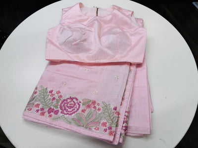 Powder pink semi tussar saree with stitched blouse