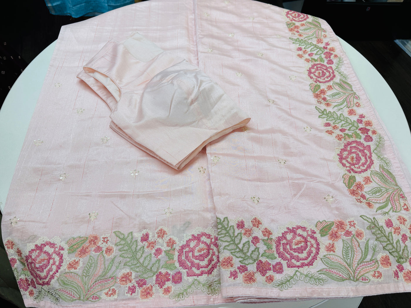 Powder pink semi tussar saree with stitched blouse