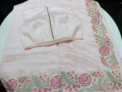 Powder pink semi tussar saree with stitched blouse