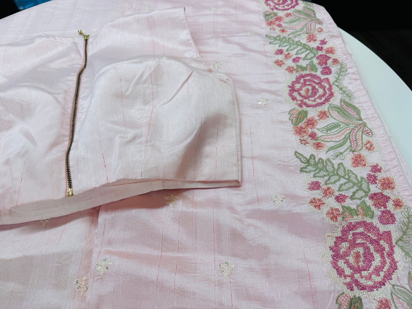 Powder pink semi tussar saree with stitched blouse