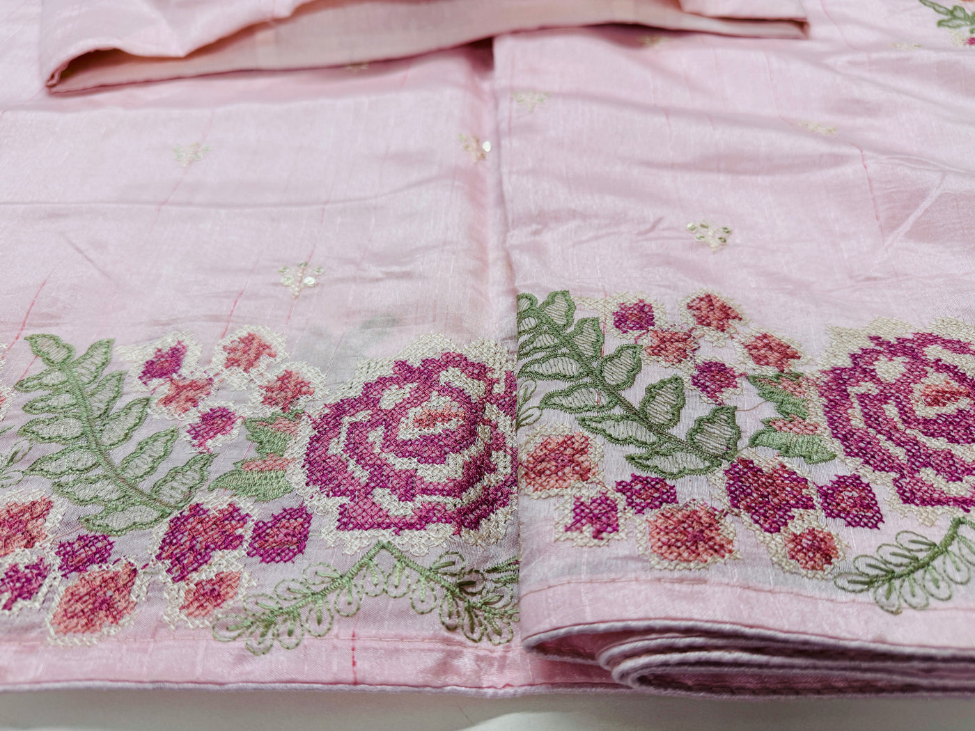 Powder pink semi tussar saree with stitched blouse