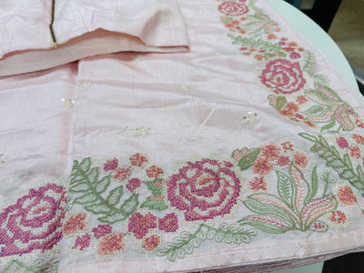 Powder pink semi tussar saree with stitched blouse