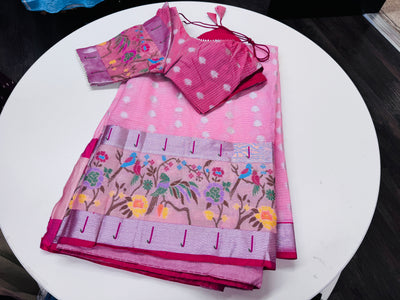 Baby pink Kota saree with stitched blouse