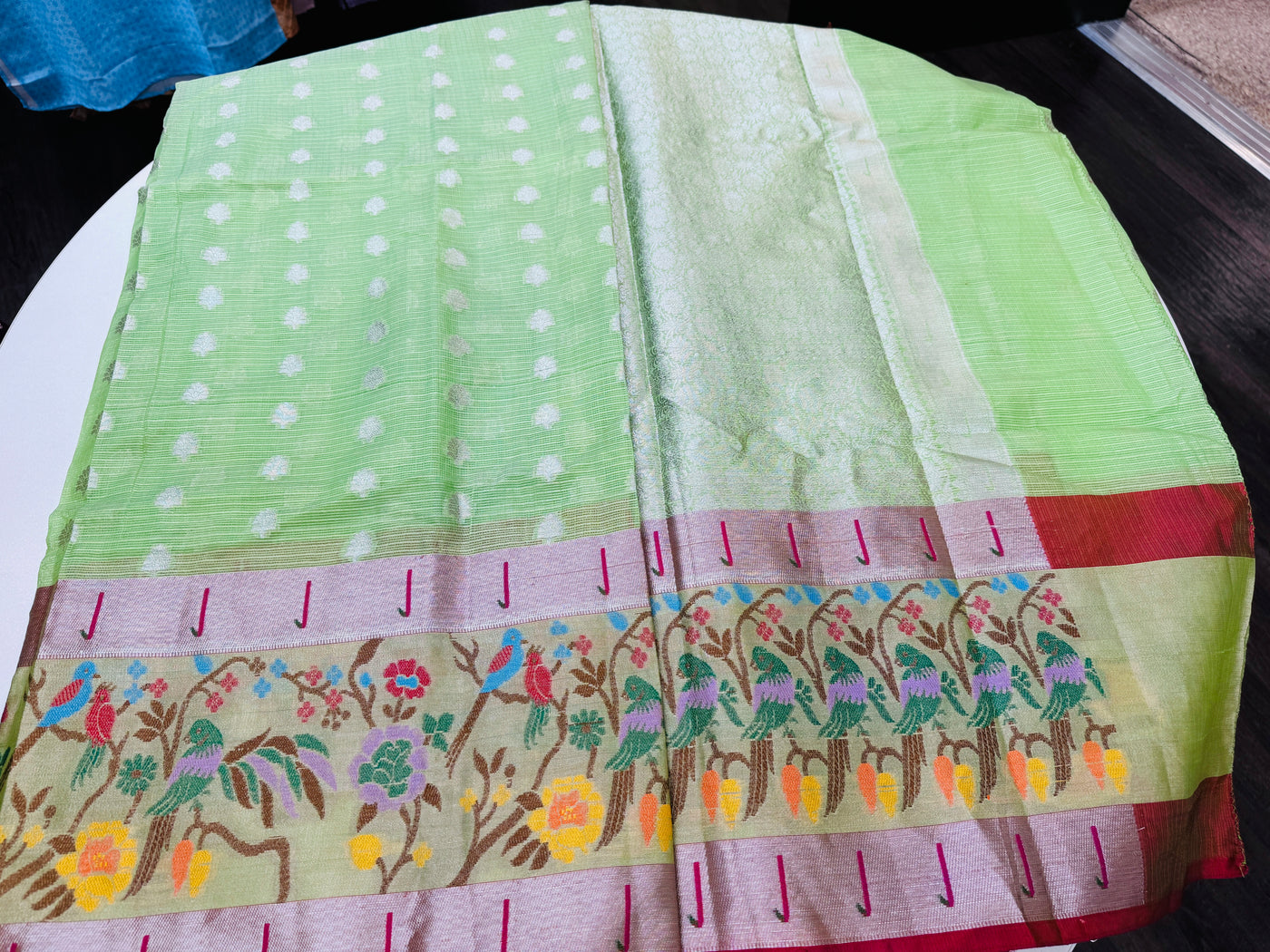 Parrot green Kota saree with stitched blouse