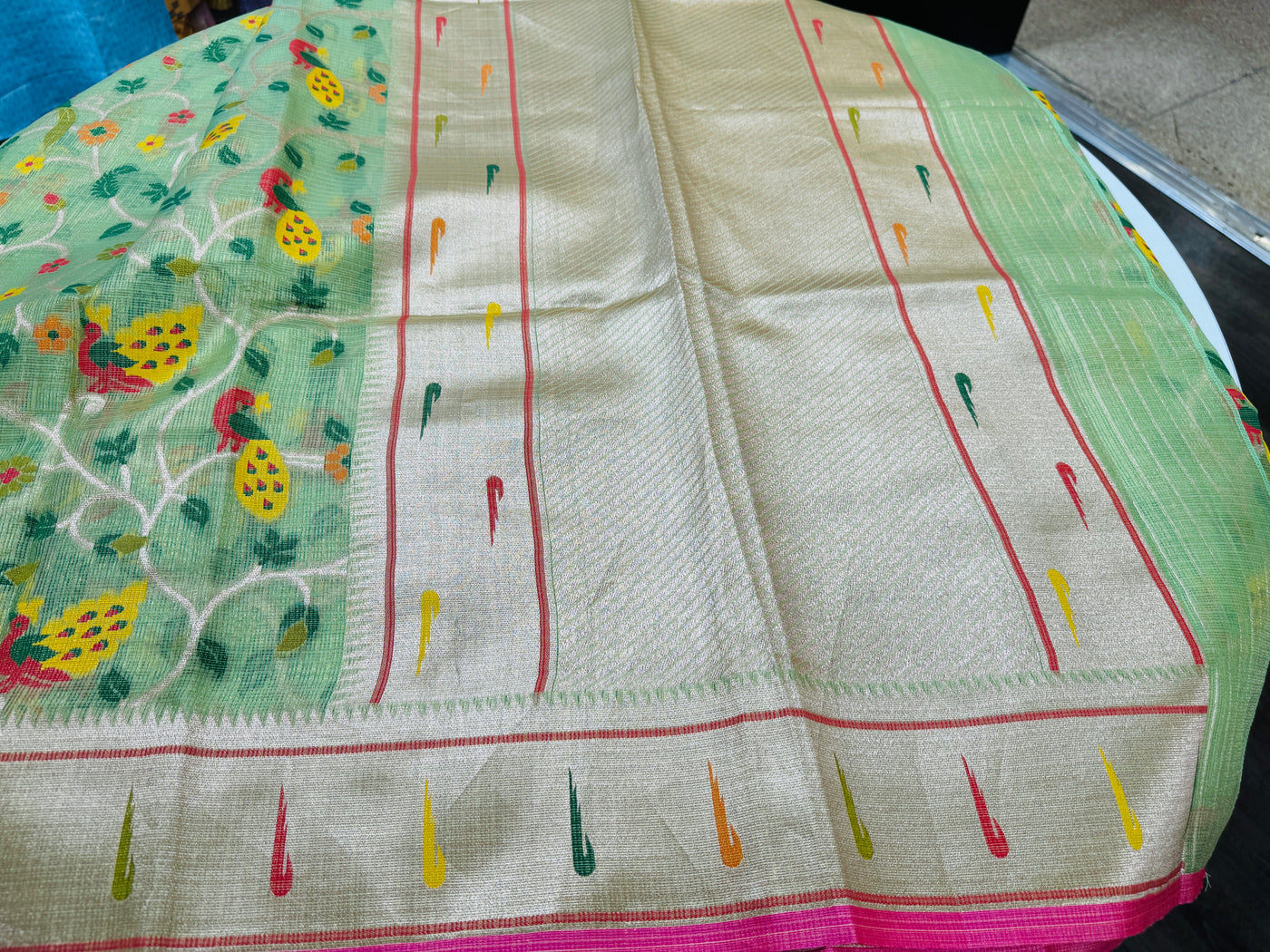 Fresh green Tissue Kota saree with stitched blouse