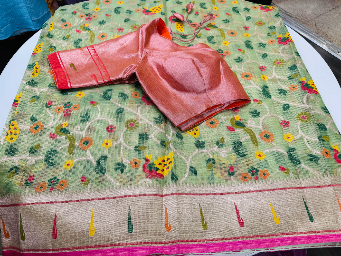 Fresh green Tissue Kota saree with stitched blouse