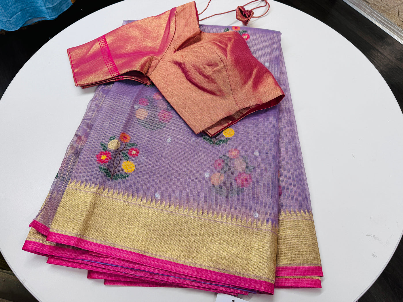 Lavender Tissue Kota saree with stitched blouse