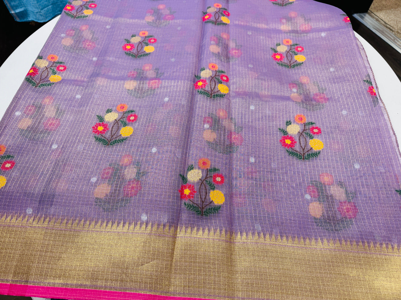 Lavender Tissue Kota saree with stitched blouse