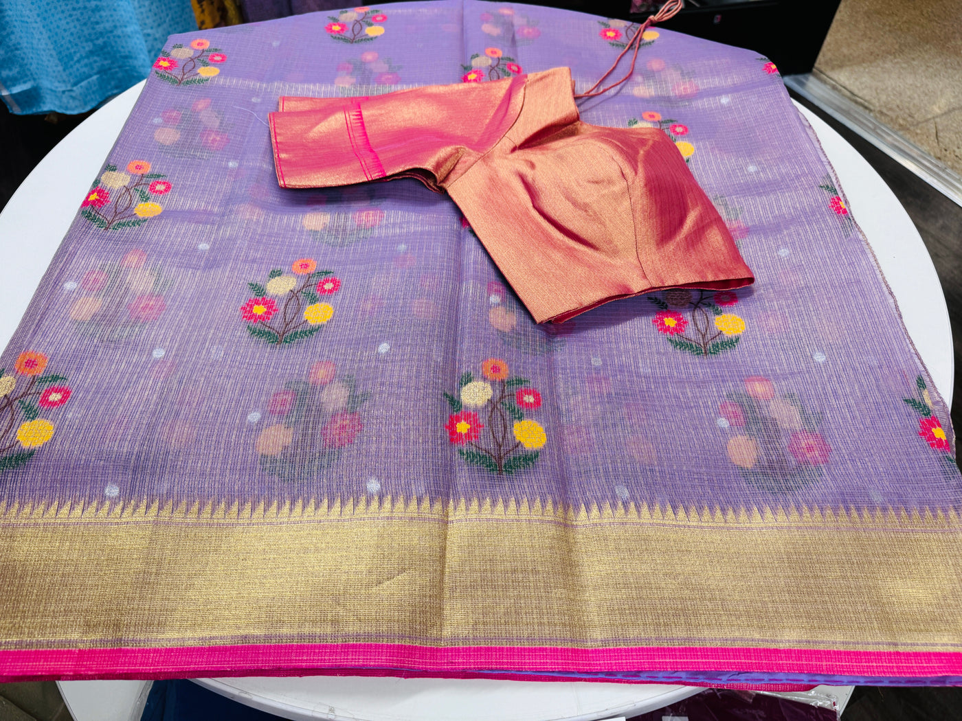 Lavender Tissue Kota saree with stitched blouse