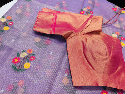 Lavender Tissue Kota saree with stitched blouse