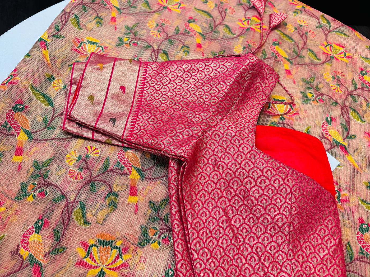 Blush peach Tissue Kota saree with stitched blouse