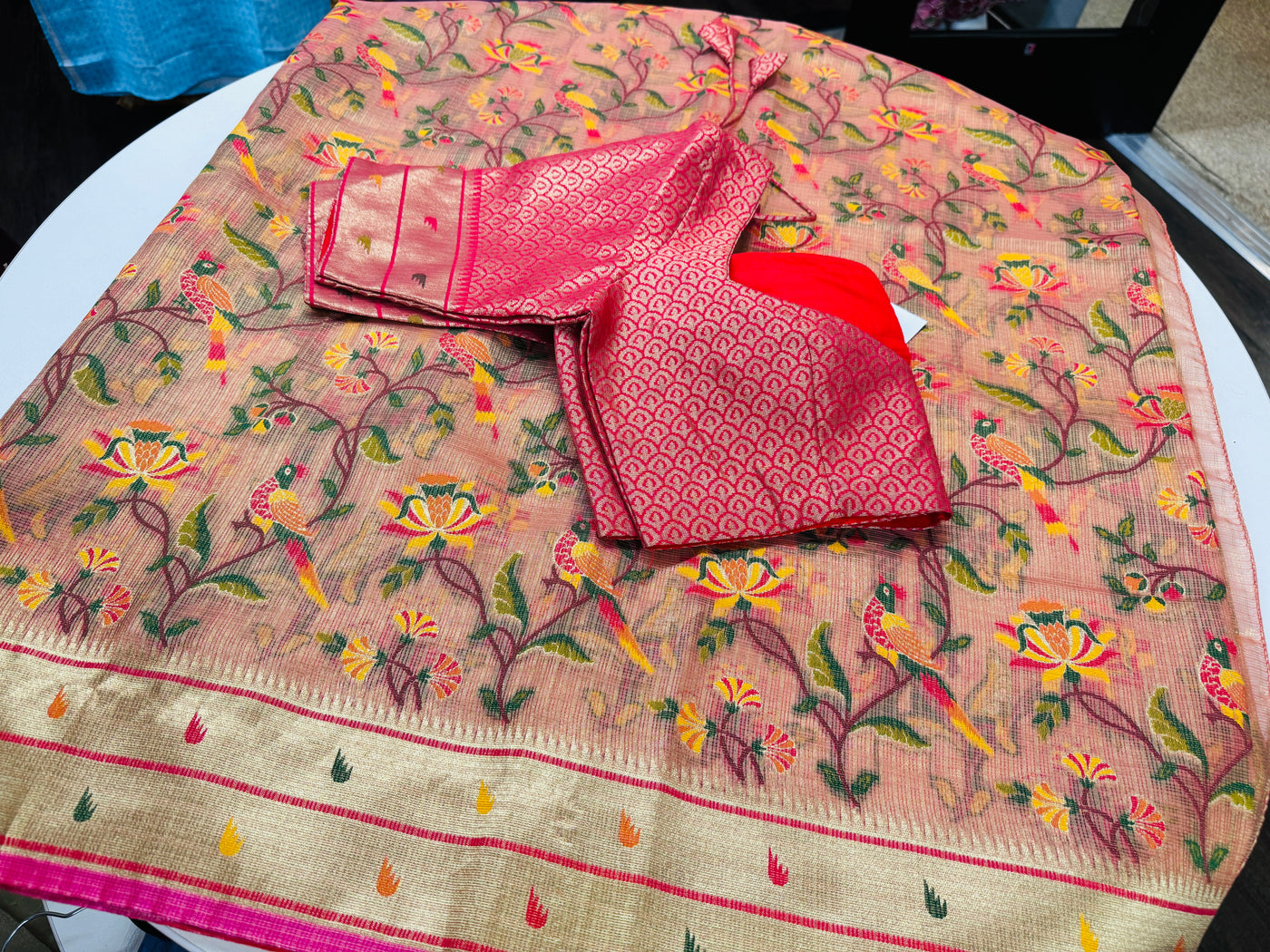 Blush peach Tissue Kota saree with stitched blouse