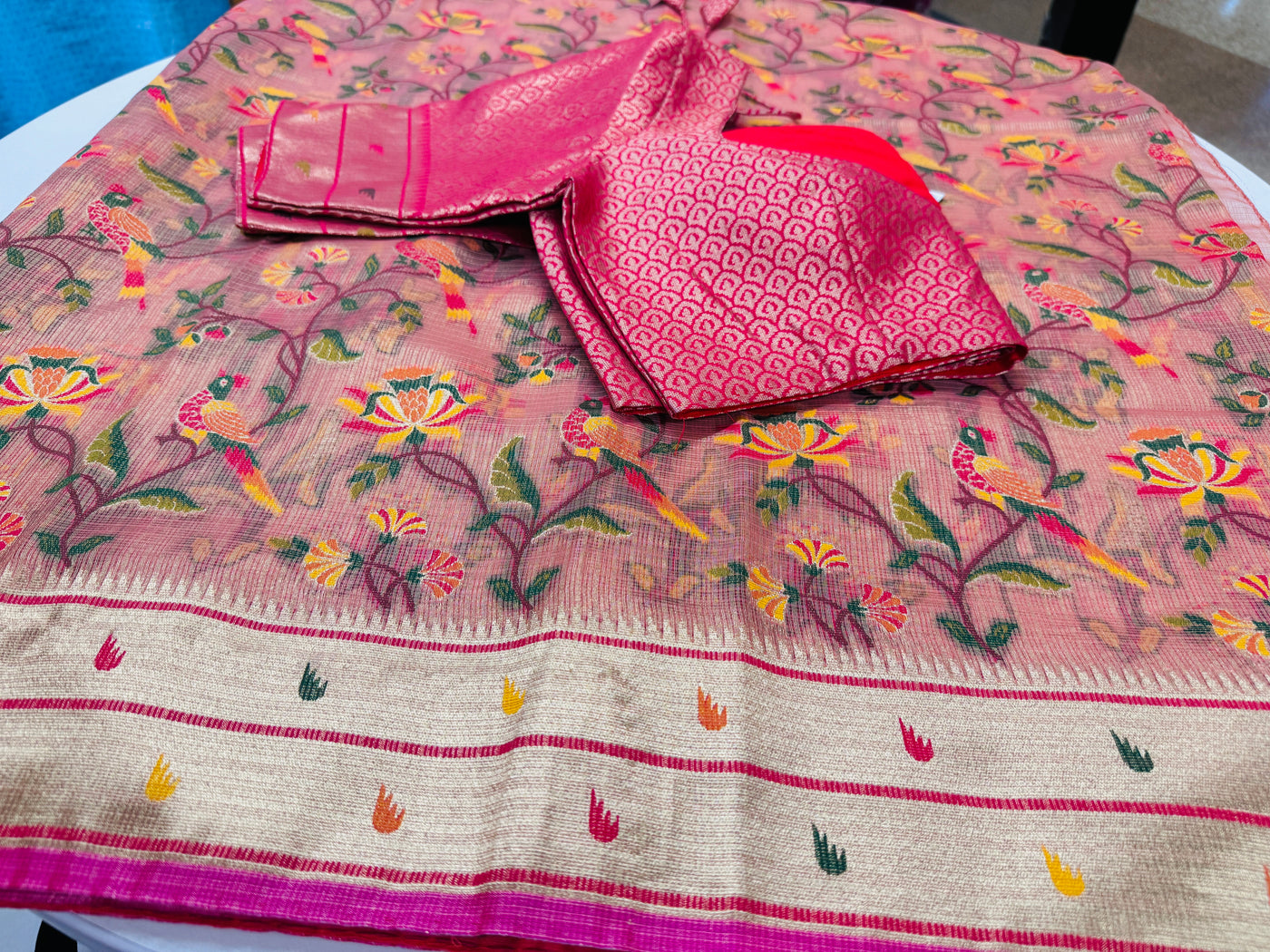 Blush peach Tissue Kota saree with stitched blouse