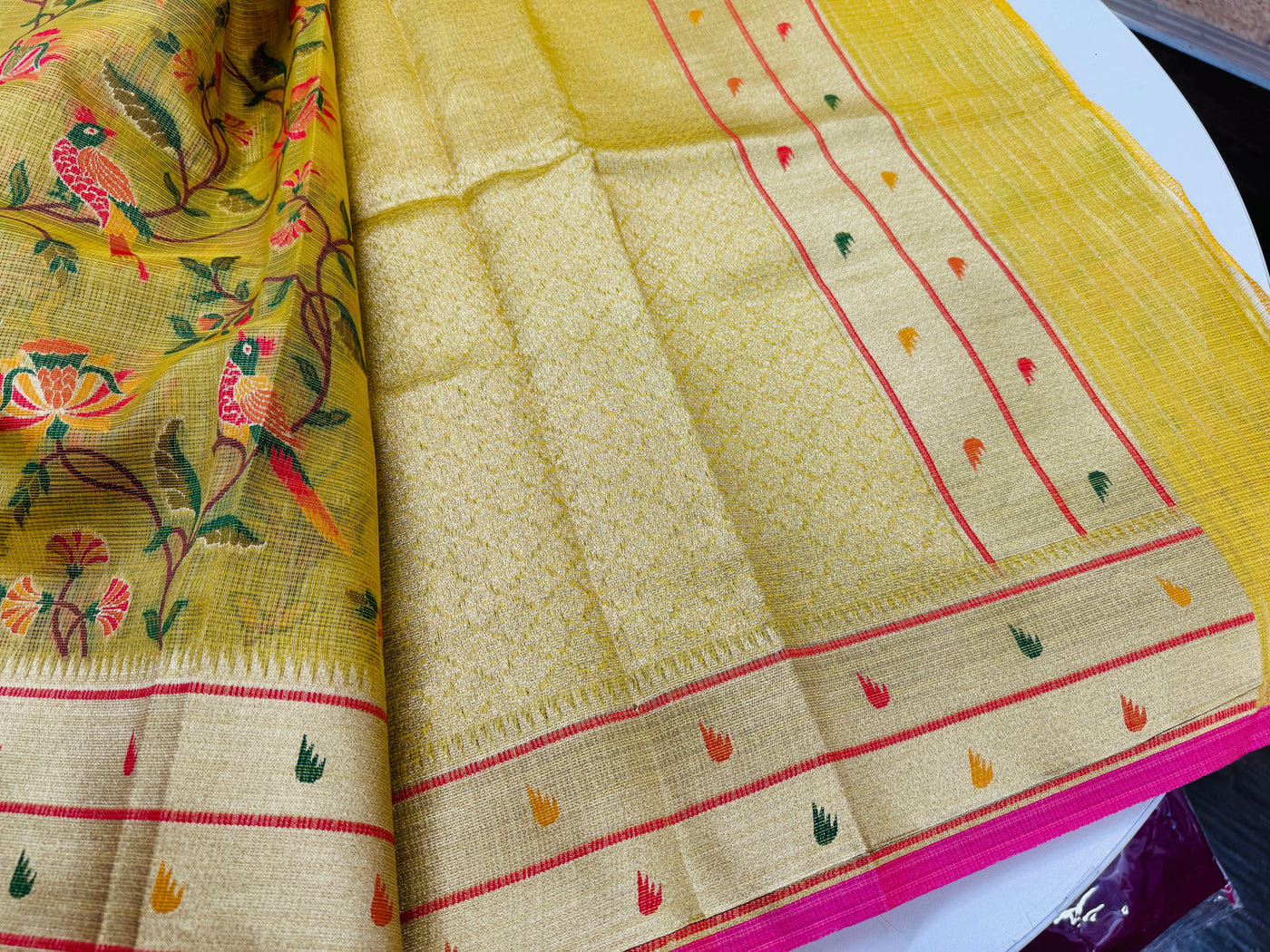 Lemon yellow Tissue Kota saree with stitched blouse