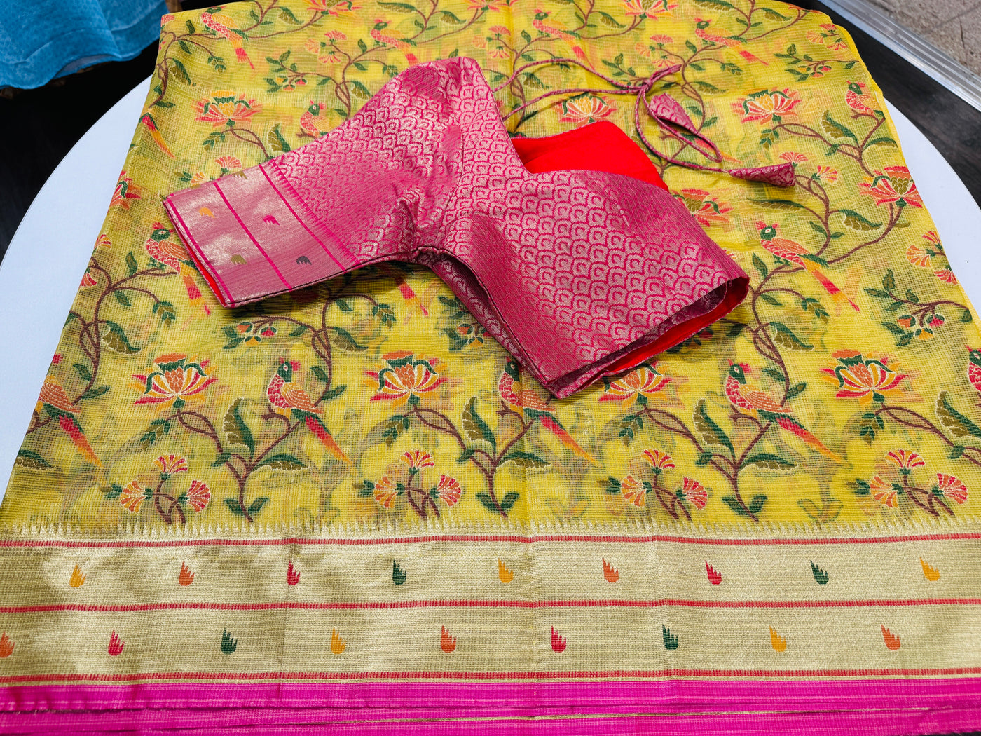 Lemon yellow Tissue Kota saree with stitched blouse