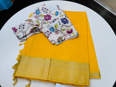 Daffodil yellow Mangalgiri saree with stitched blouse