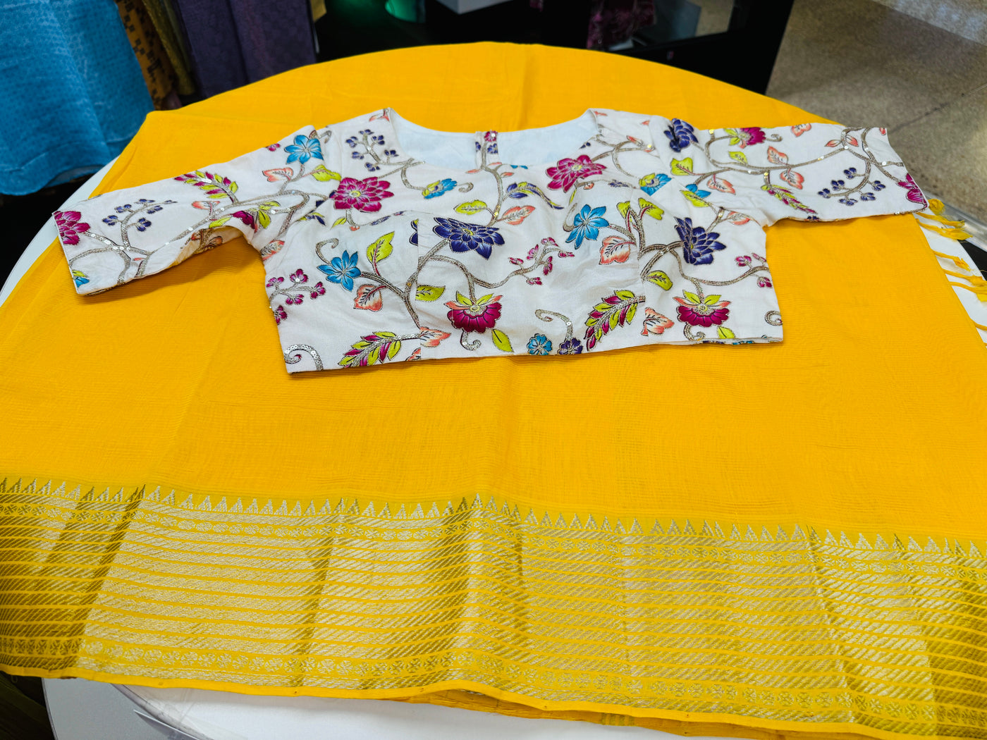 Daffodil yellow Mangalgiri saree with stitched blouse