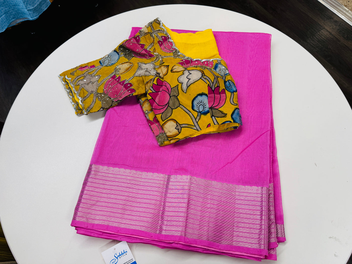 Baby pink Mangalgiri saree with stitched blouse