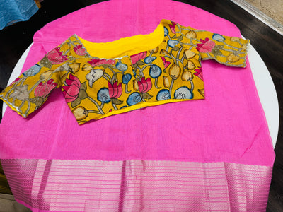 Baby pink Mangalgiri saree with stitched blouse