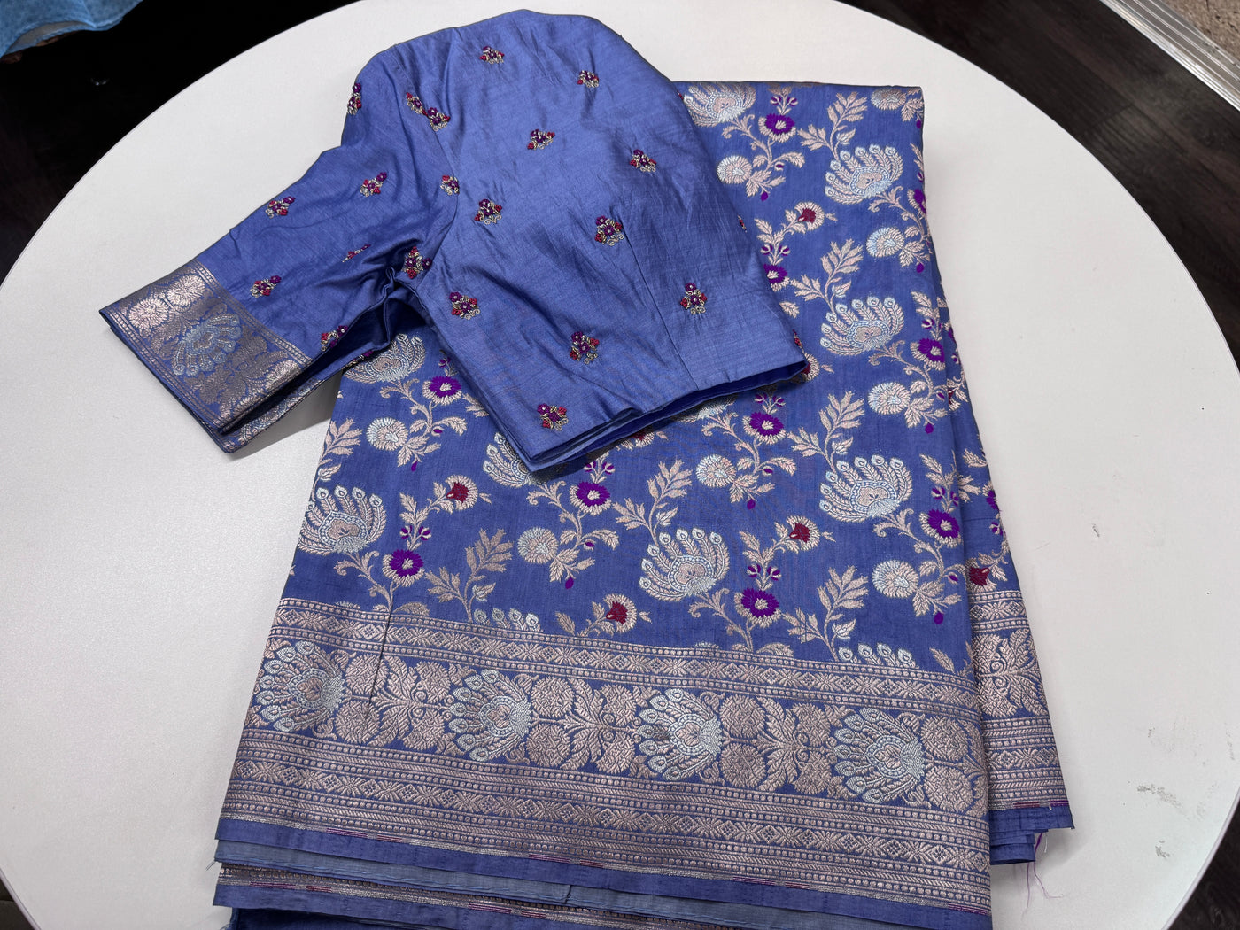 Cerulean blue Banarasi saree with stitched blouse