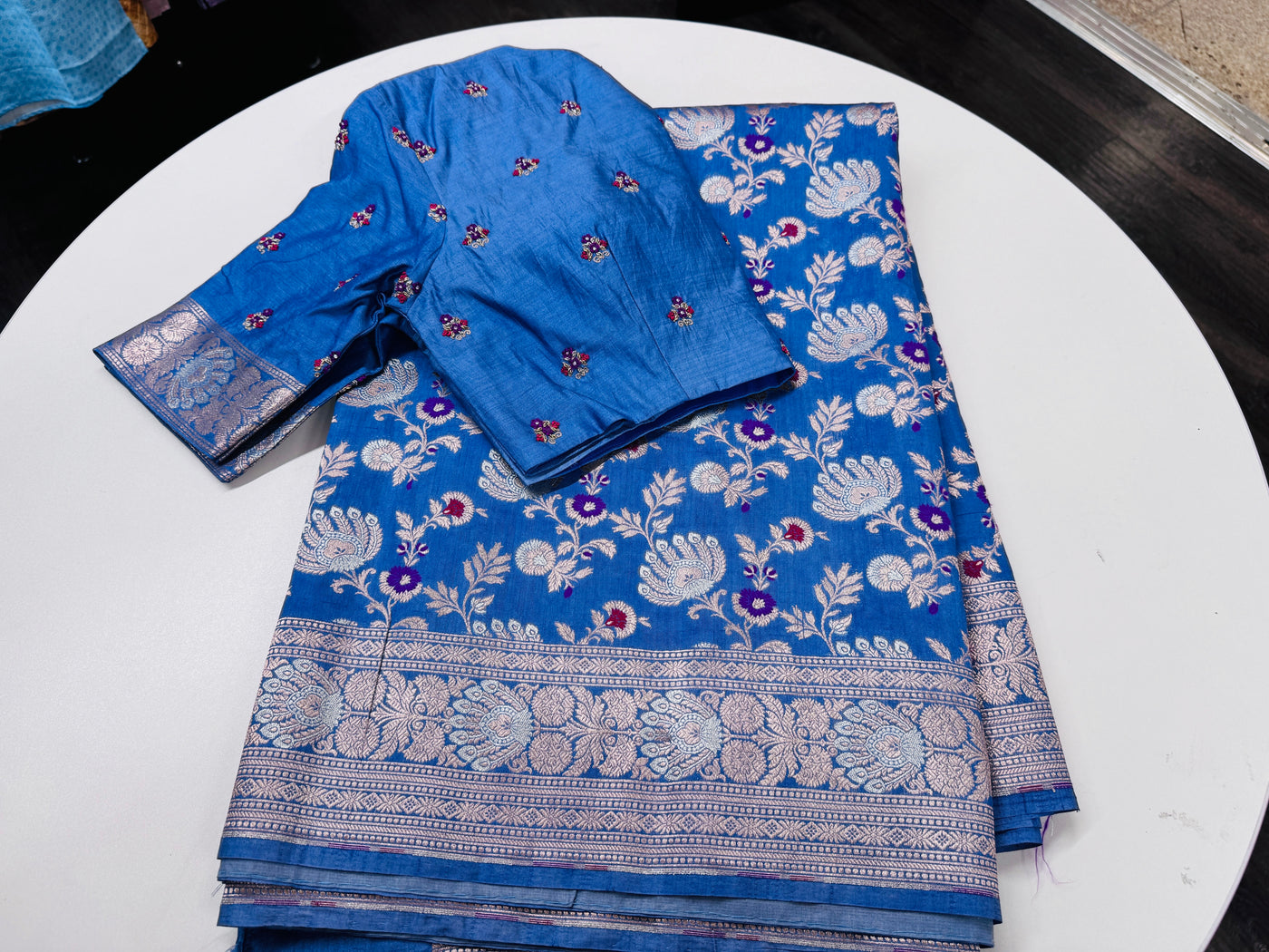 Cerulean blue Banarasi saree with stitched blouse