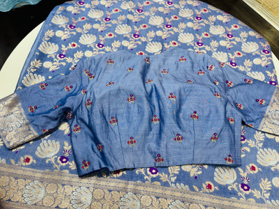 Cerulean blue Banarasi saree with stitched blouse