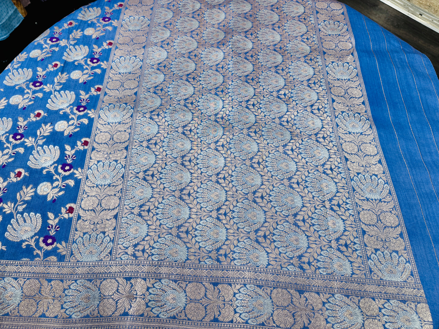 Cerulean blue Banarasi saree with stitched blouse