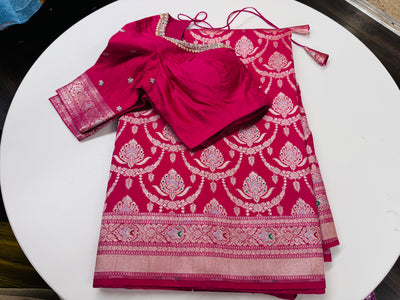 Rani pink Banarasi saree with stitched blouse