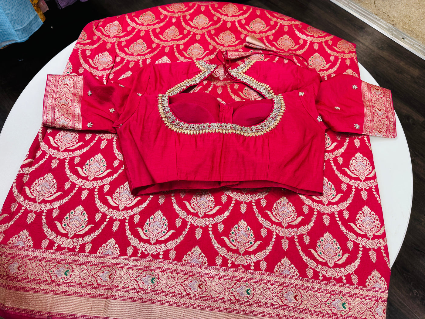 Rani pink Banarasi saree with stitched blouse