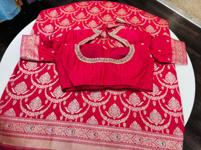 Rani pink Banarasi saree with stitched blouse