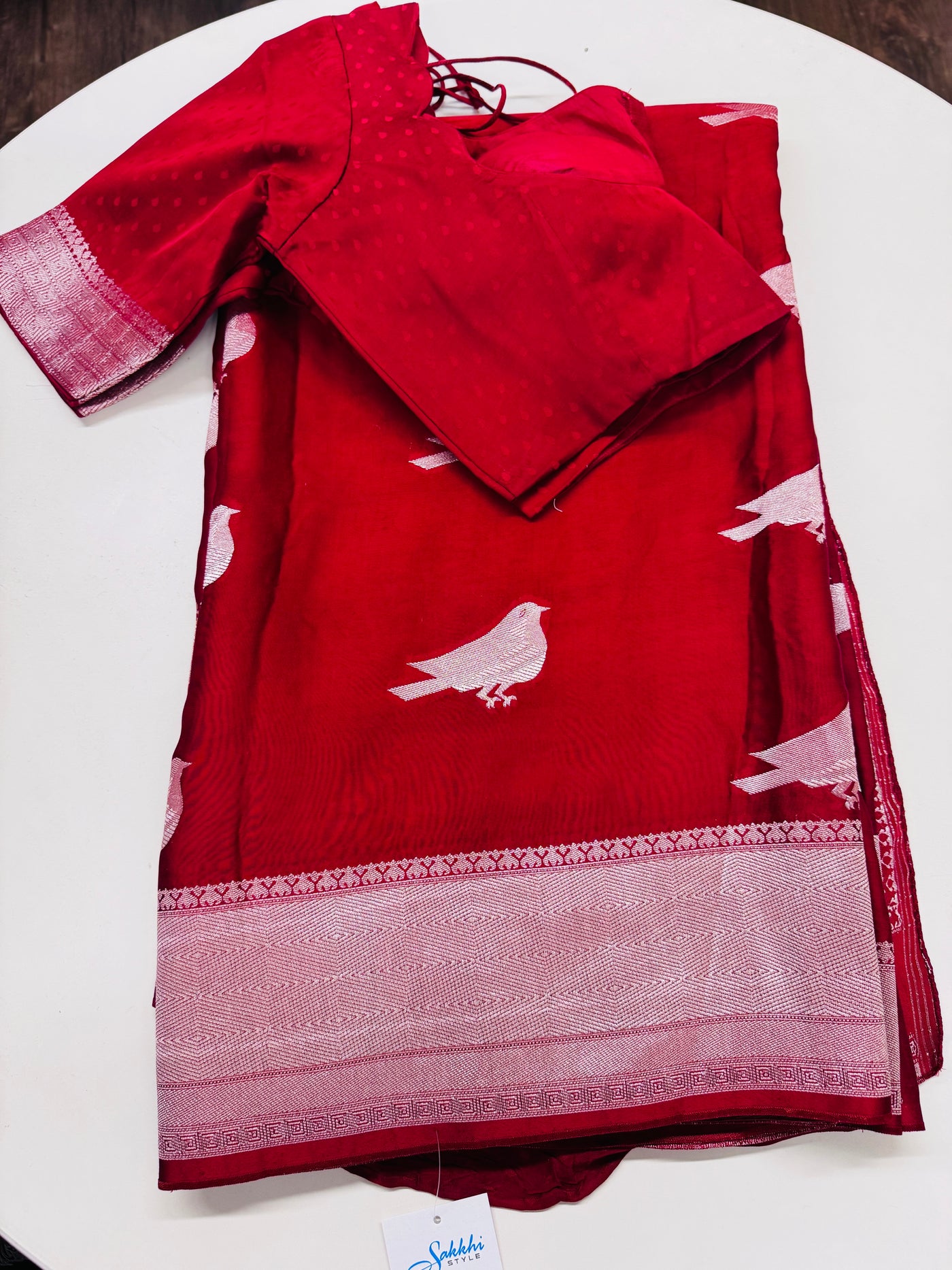 Cherry red saree with stitched tonal blouse