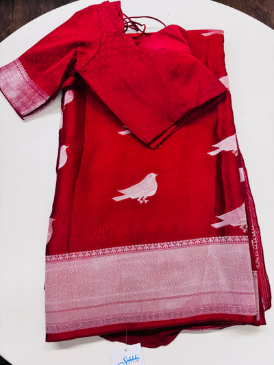 Cherry red saree with stitched tonal blouse